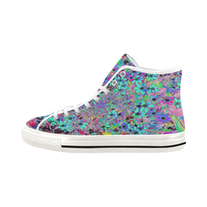 Colorful High Top Sneakers for Women, Purple Garden with Psychedelic Aquamarine Flowers, White