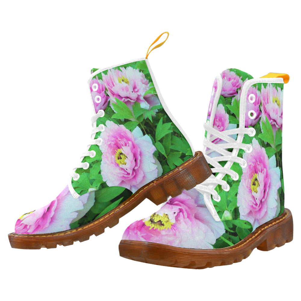 Boots for Women, Elegant Pink Tree Peony Flowers with Yellow Centers