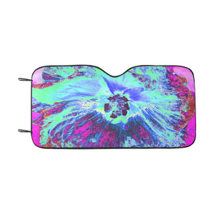 Auto Sun Shade, Psychedelic Retro Green and Blue Hibiscus Flower