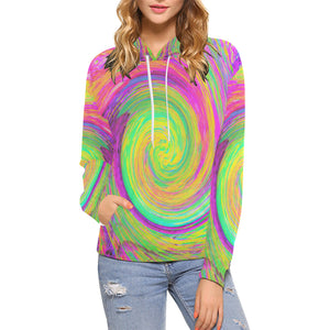 Hoodies for Women, Groovy Abstract Purple and Yellow Rainbow Swirl