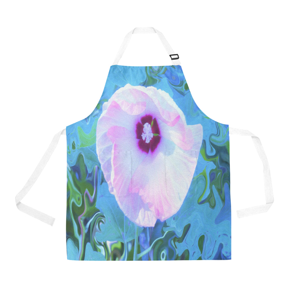 Apron with Pockets, Luna Pink Swirl Hibiscus Flower on Blue