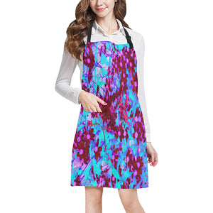 Apron with Pockets, Crimson Red and Pink Wildflowers on Blue