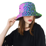 Bucket Hat, Abstract Pincushion Flower in Pink Blue and Green, Colorful Hat for Women