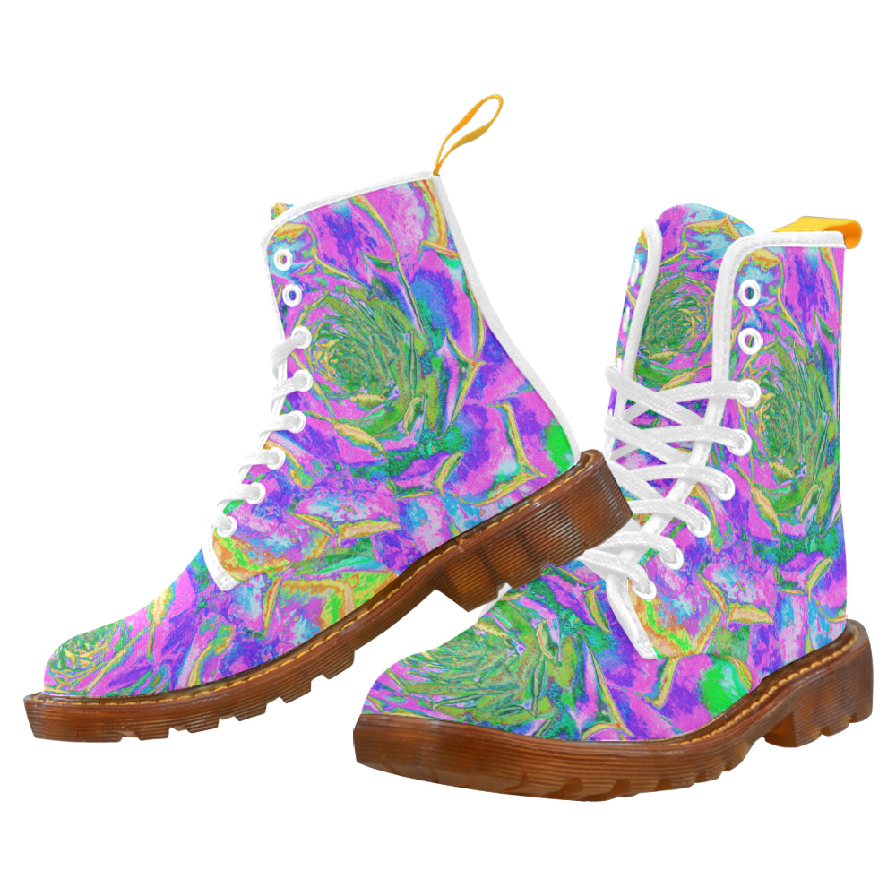 Boots for Women, Rainbow Colors Fiesta Succulent Sedum Rosette - White