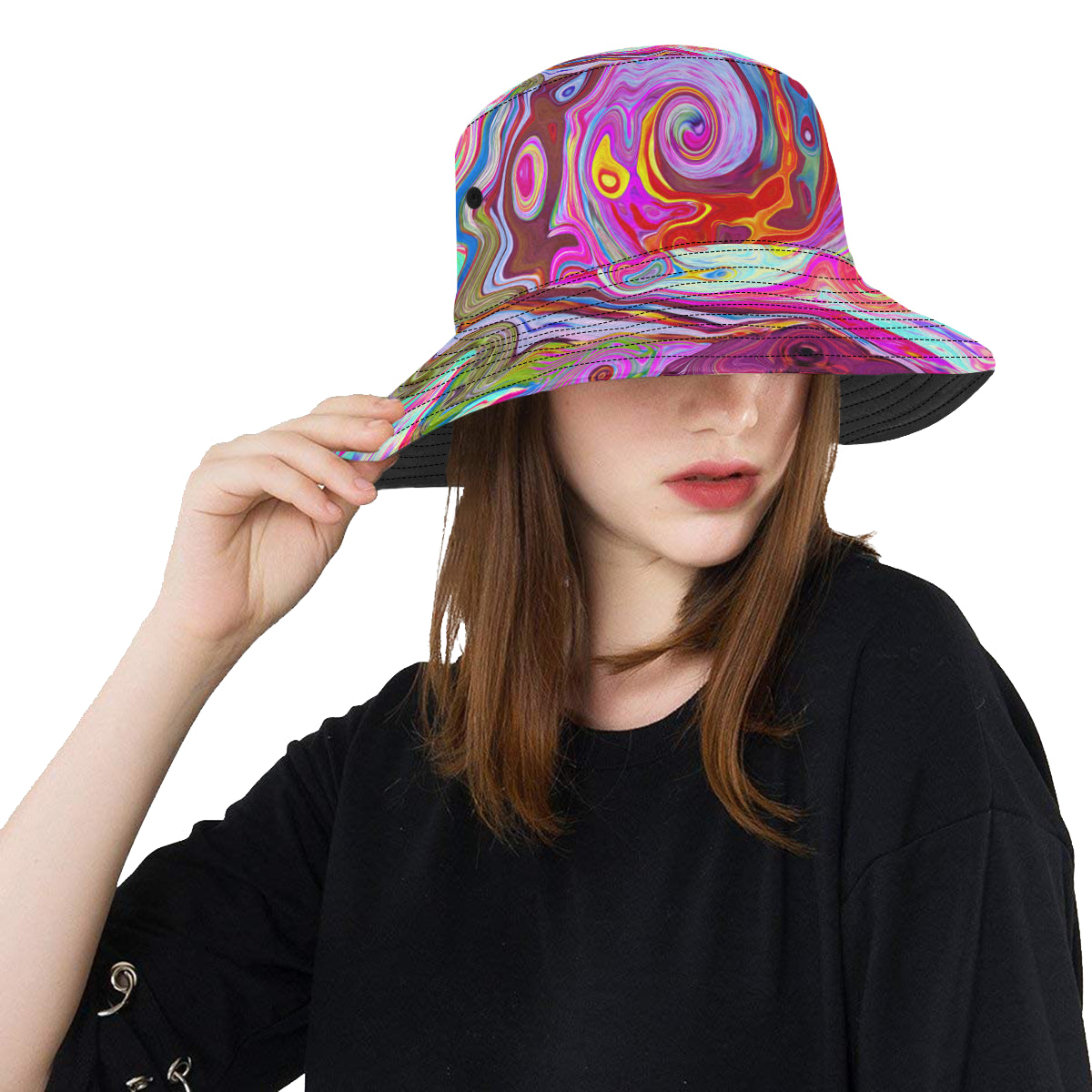 Bucket Hats, Groovy Abstract Retro Hot Pink and Blue Swirl
