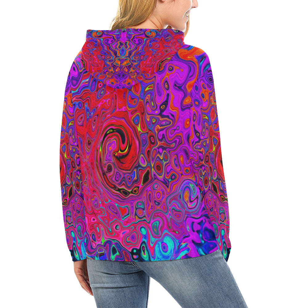 Hoodies for Women, Trippy Red and Purple Abstract Retro Liquid Swirl
