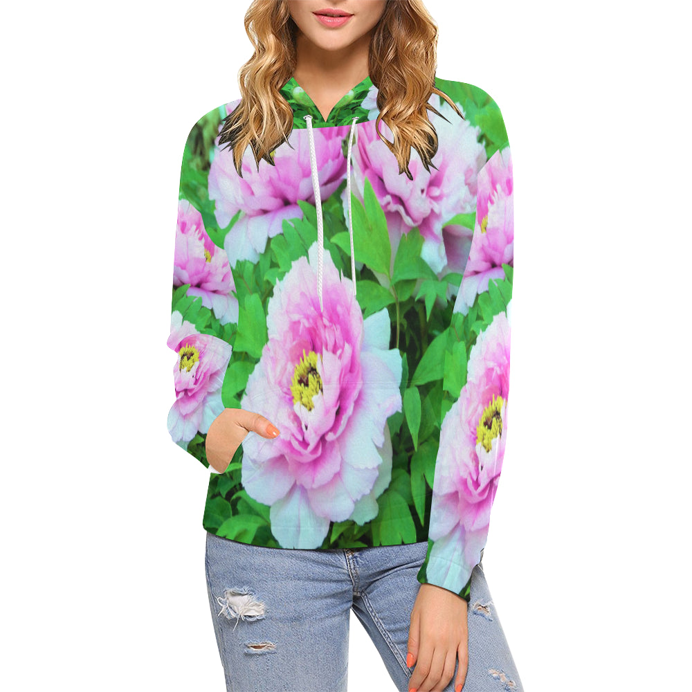 Hoodies for Women, Elegant Pink Tree Peony Flowers with Yellow Centers