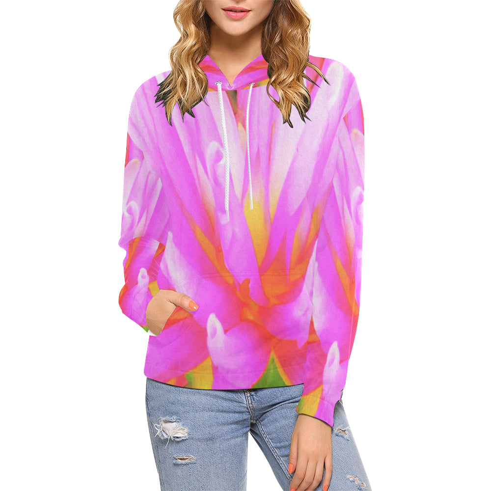 Hoodies for Women, Fiery Hot Pink and Yellow Cactus Dahlia Flower