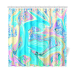 Shower Curtains, Retro Aqua Blue Liquid Art on Abstract Hydrangeas