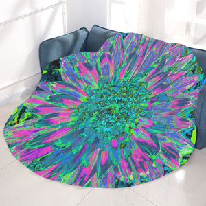Round Throw Blankets, Psychedelic Magenta, Aqua and Lime Green Dahlia