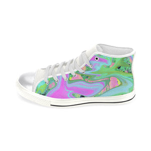 High Top Sneakers for Women, Retro Pink and Light Blue Liquid Art on Hydrangea - White