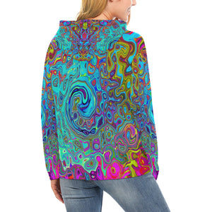 Hoodies for Women, Trippy Sky Blue Abstract Retro Liquid Swirl