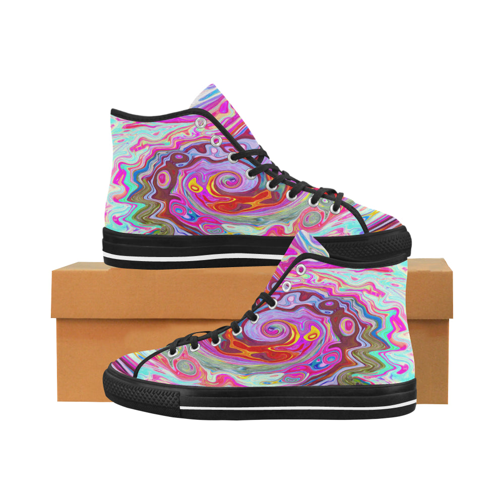Colorful High Top Sneakers for Women, Groovy Abstract Retro Hot Pink and Blue Swirl, Black