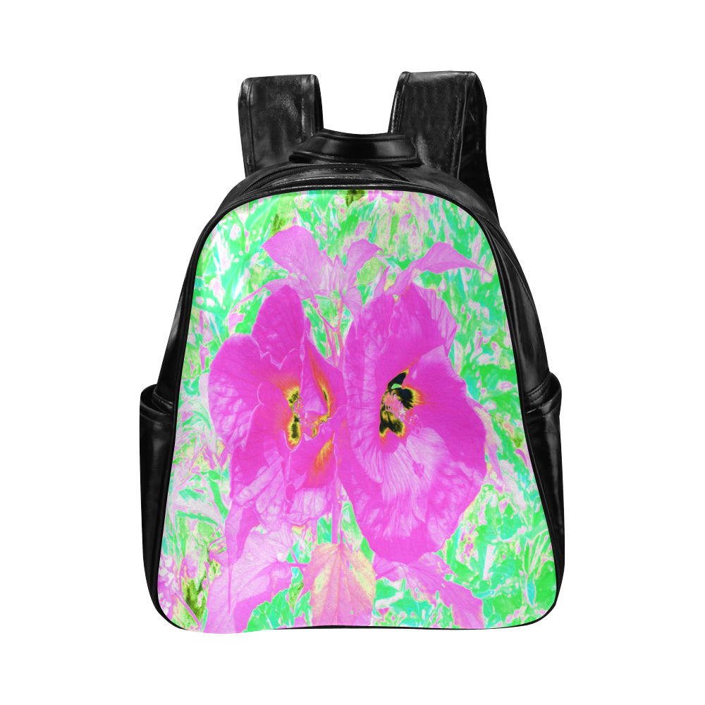 Backpack – Faux Leather, Two Hot Pink Plum Crazy Hibiscus on Lime Green