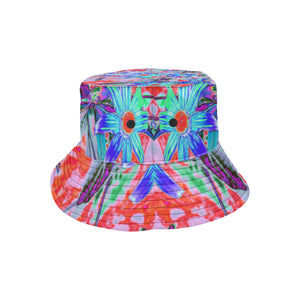 Bucket Hats, Retro Psychedelic Aqua and Orange Flowers