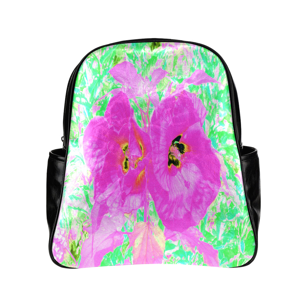 Backpack – Faux Leather, Two Hot Pink Plum Crazy Hibiscus on Lime Green