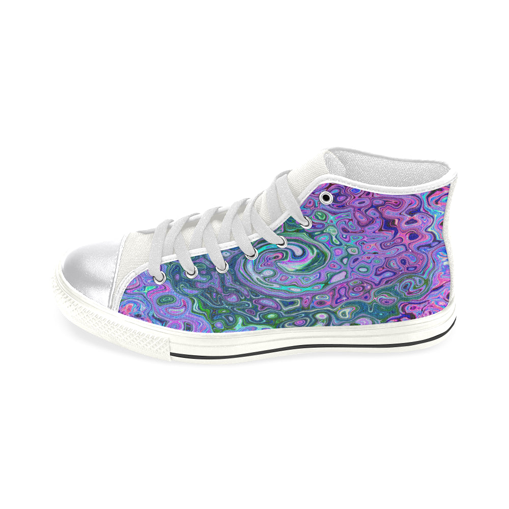 High Top Sneakers for Women, Groovy Abstract Retro Green and Purple Swirl - White