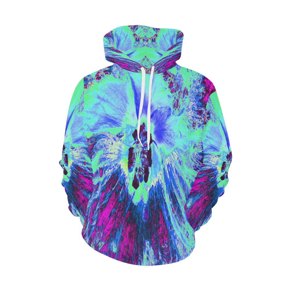 Hoodies for Women, Psychedelic Retro Green and Blue Hibiscus Flower