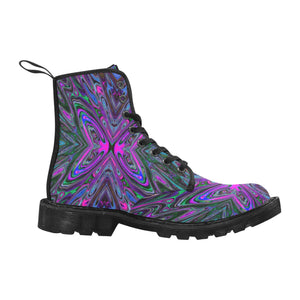 Boots for Women, Trippy Magenta, Blue and Green Abstract Butterfly - Black