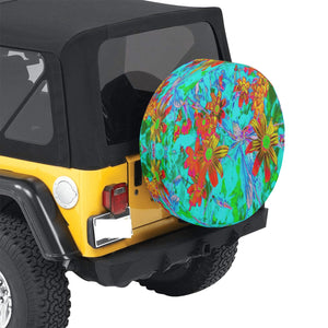 Spare Tire Covers, Aqua Tropical with Yellow and Orange Flowers - Small