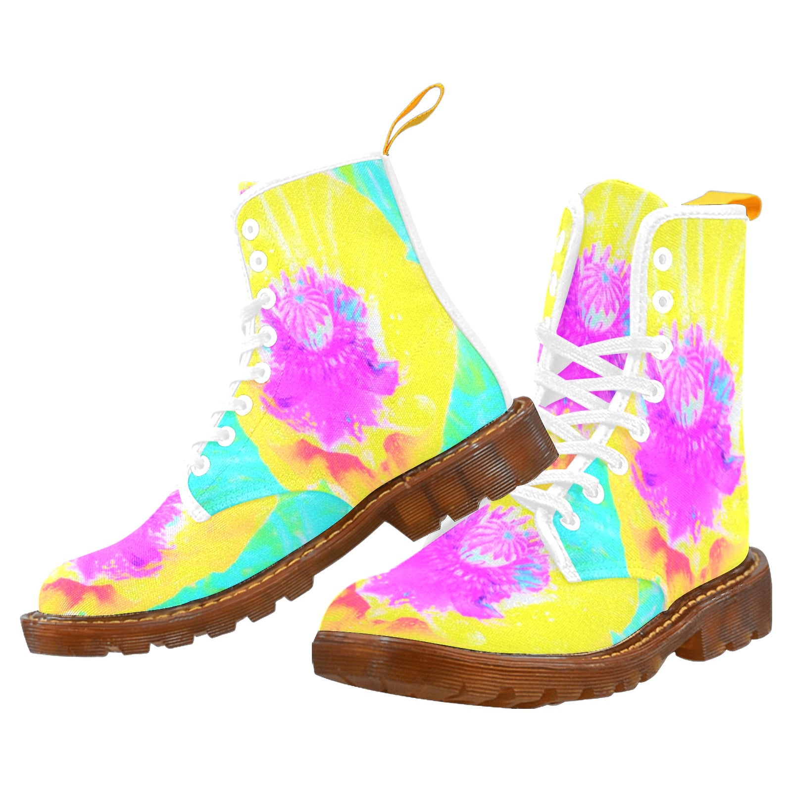 Colorful Boots for Women, Yellow Poppy with Hot Pink Center on Turquoise