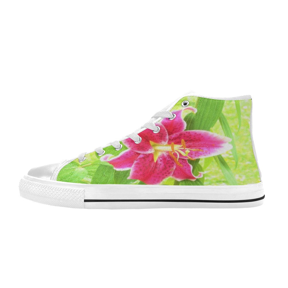 High Top Sneakers for Women, Pretty Deep Pink Stargazer Lily on Lime Green - White