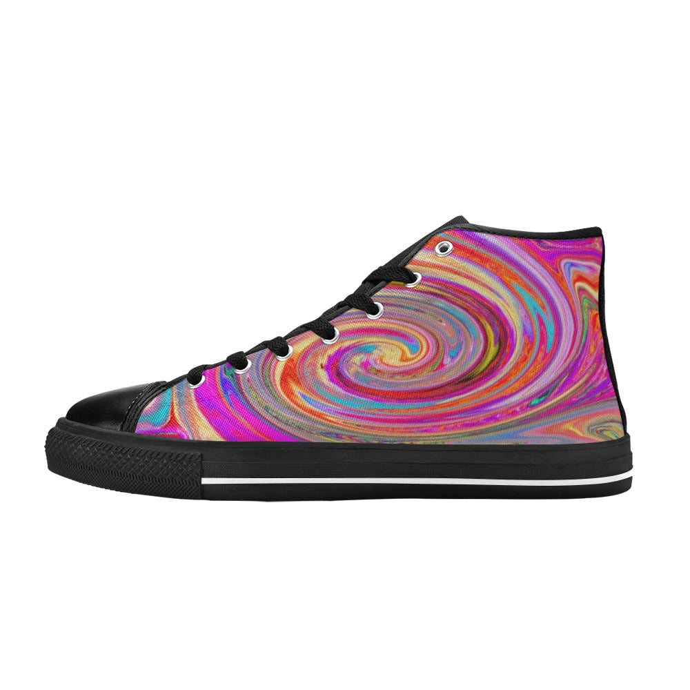 High Top Sneakers for Women, Colorful Rainbow Swirl Retro Abstract Design - Black