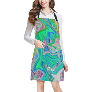 Apron with Pockets, Colorful Marbled Lime Green Abstract Retro Liquid Art