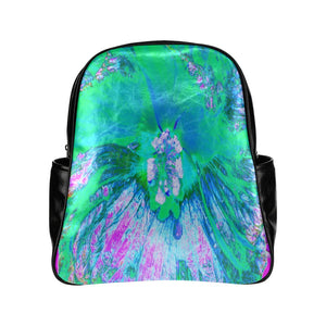 Backpack, Psychedelic Retro Green and Hot Pink Hibiscus Flower - Faux Leather