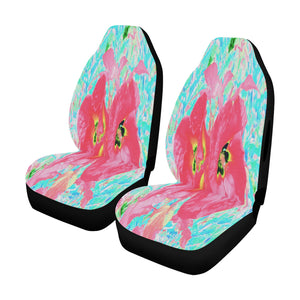 Car Seat Covers, Two Rosy Red Coral Plum Crazy Hibiscus on Aqua