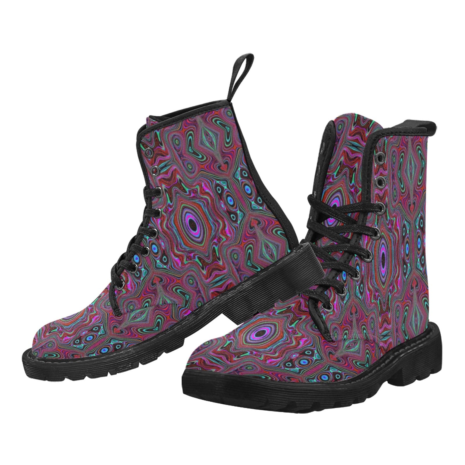 Boots for Women, Trippy Seafoam Green and Magenta Abstract Pattern - Black