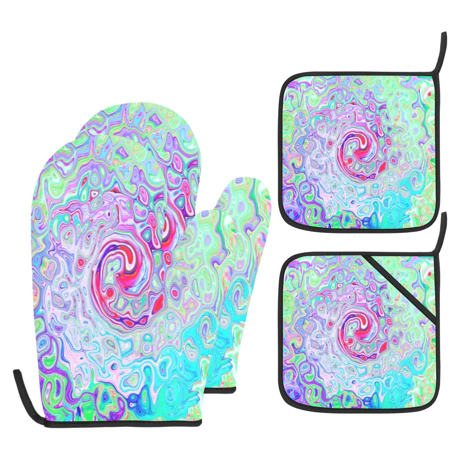 Oven Mitts and Pot Holders Set, Groovy Abstract Retro Pink and Green Swirl
