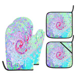Oven Mitts and Pot Holders Set, Groovy Abstract Retro Pink and Green Swirl