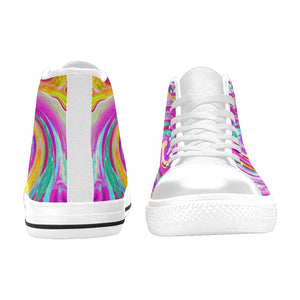 High Top Sneakers for Women, Colorful Fiesta Swirl Retro Abstract Design - White