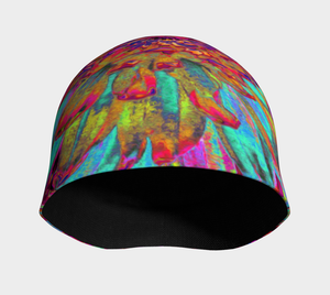 Beanie Hat, Psychedelic Teal Blue Abstract Decorative Dahlia