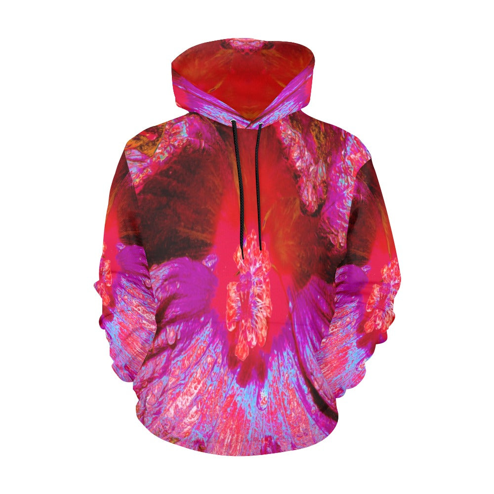 Hoodies for Women, Psychedelic Trippy Retro Red Hibiscus Flower