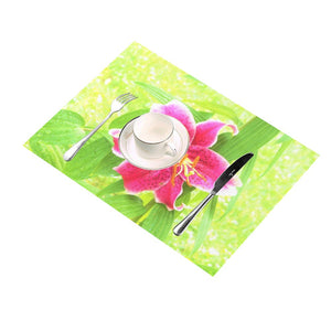 Cloth Placemats Set, Pretty Deep Pink Stargazer Lily on Lime Green