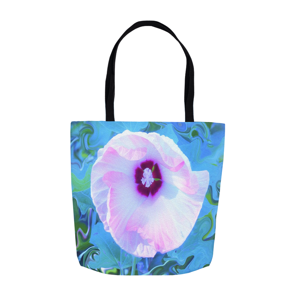 Floral Tote Bags, Luna Pink Swirl Hibiscus Flower on Blue