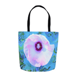 Floral Tote Bags, Luna Pink Swirl Hibiscus Flower on Blue