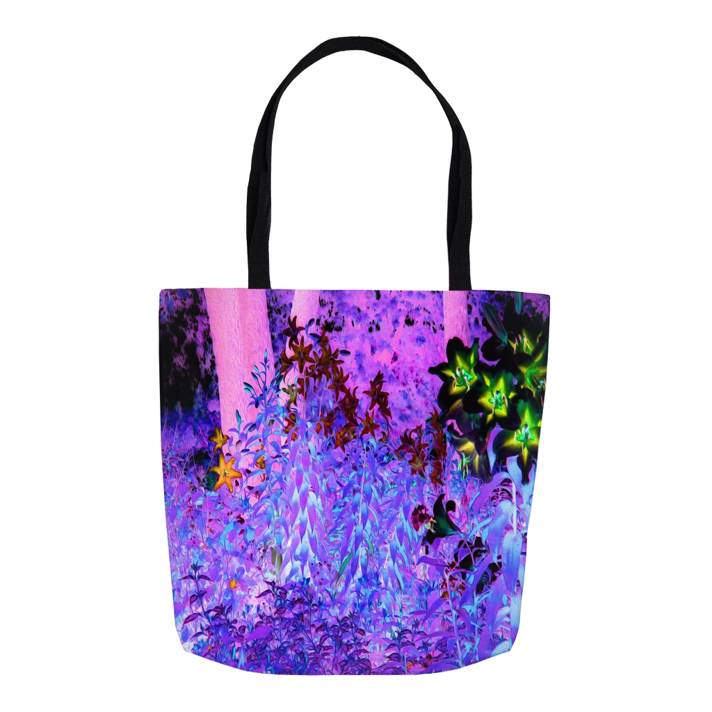 Tote Bags, Spooky Black and Crimson Lily Garden Landscape