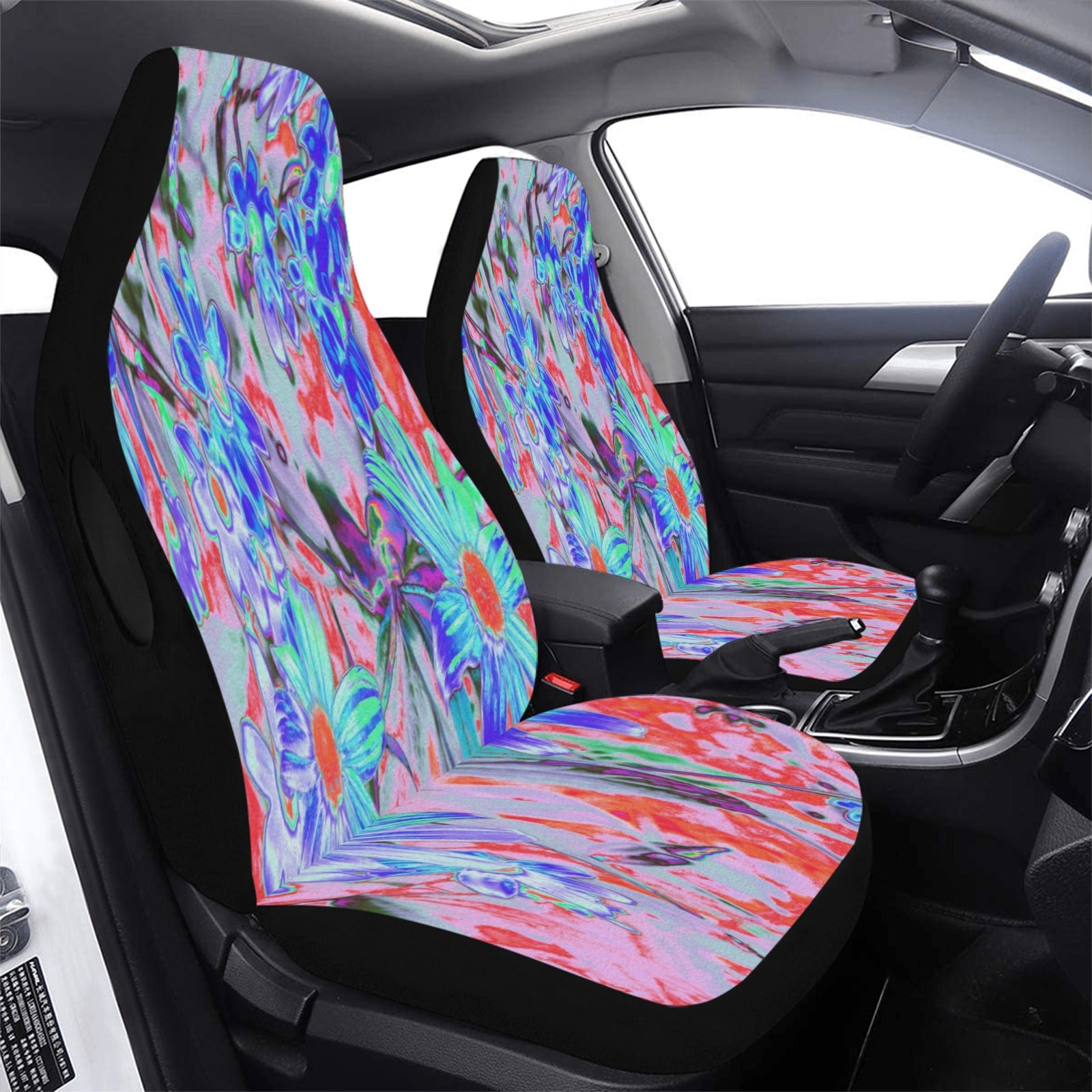 Car Seat Covers, Retro Psychedelic Aqua and Orange Flowers
