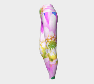 Artsy Yoga Leggings, Pretty Pink, White and Yellow Cactus Dahlia Macro