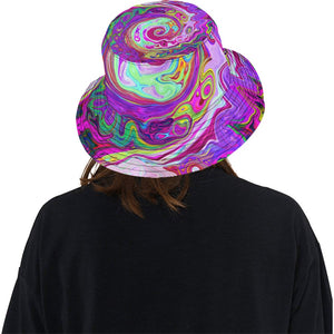 Bucket Hats, Groovy Abstract Retro Magenta Rainbow Swirl