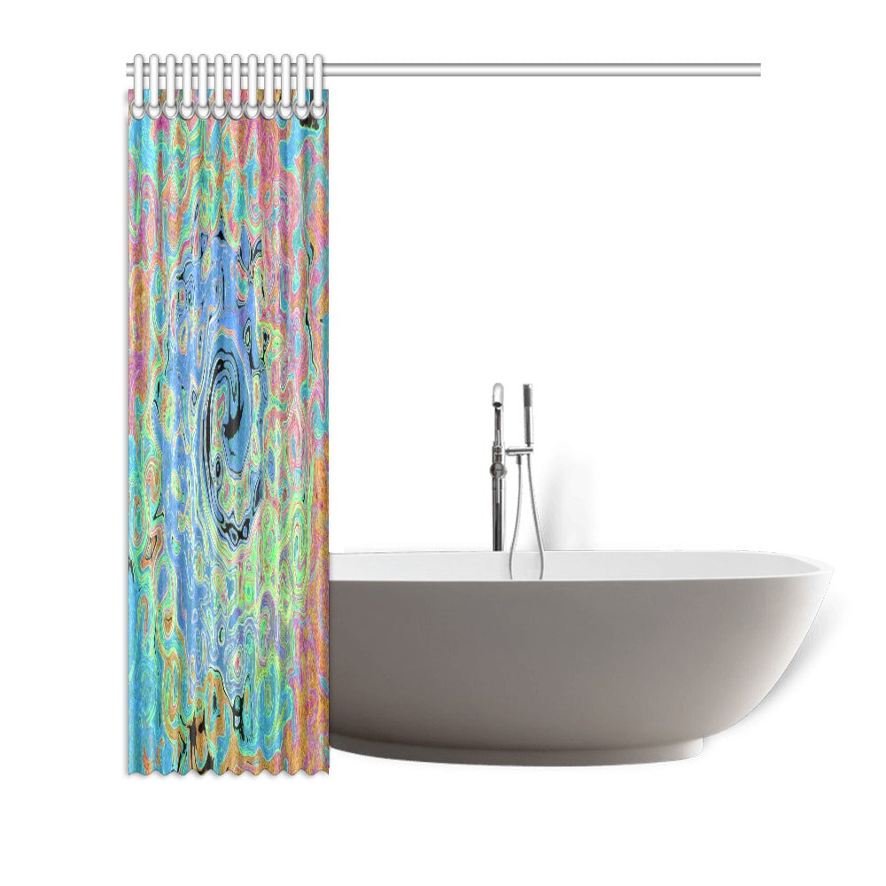 Shower Curtains, Watercolor Blue Groovy Abstract Retro Liquid Swirl