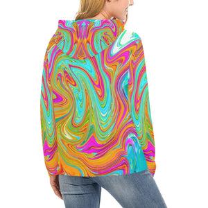 Hoodies for Women, Blue, Orange and Hot Pink Groovy Abstract Retro Art