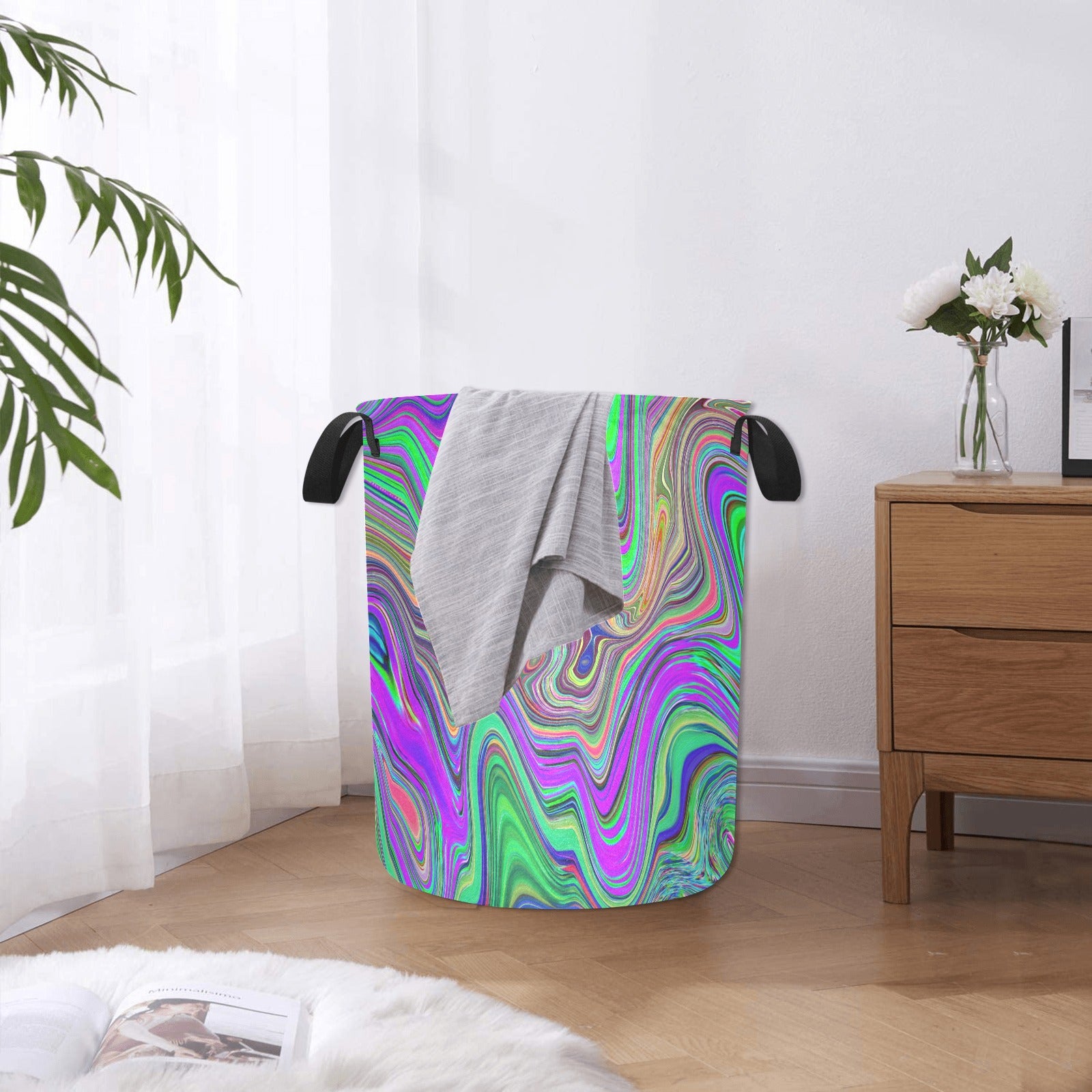 Fabric Laundry Basket with Handles, Trippy Lime Green and Purple Waves of Color