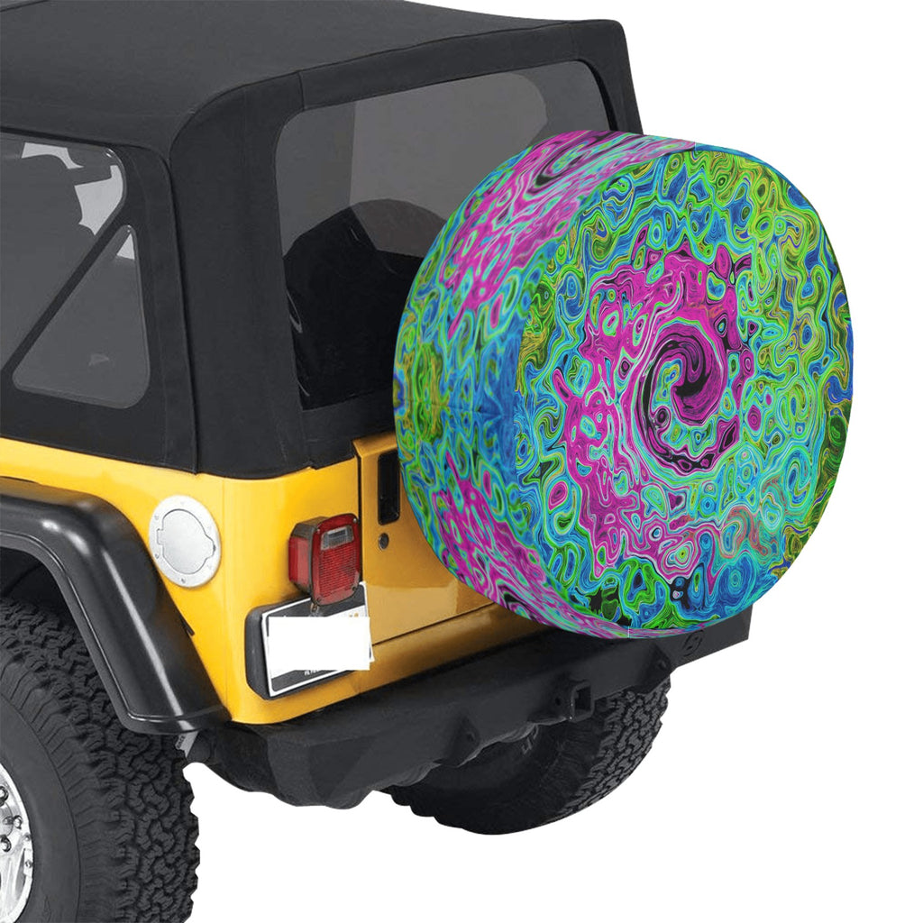 Spare Tire Covers, Hot Pink and Blue Groovy Abstract Retro Liquid Swirl - Large