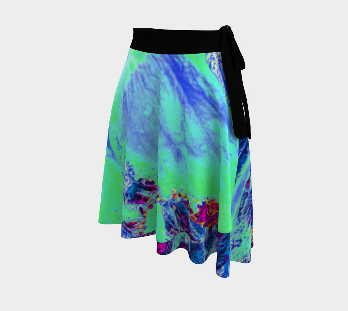 Artsy Wrap Skirts, Psychedelic Retro Green and Blue Hibiscus Flower