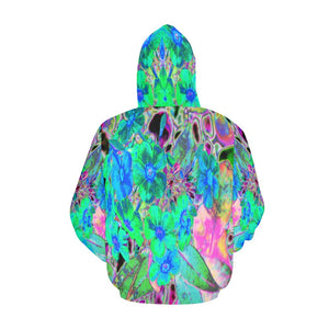 Hoodies for Women, Psychedelic Trippy Lime Green and Blue Flowers