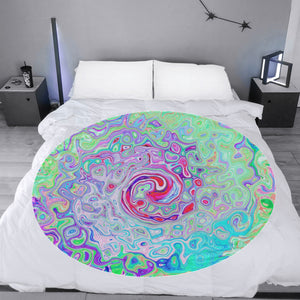 Round Throw Blankets, Groovy Abstract Retro Pink and Green Swirl